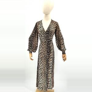Ganni Silk Leopard Print Long Sleeve V-Neck Wrap Maxi Dress